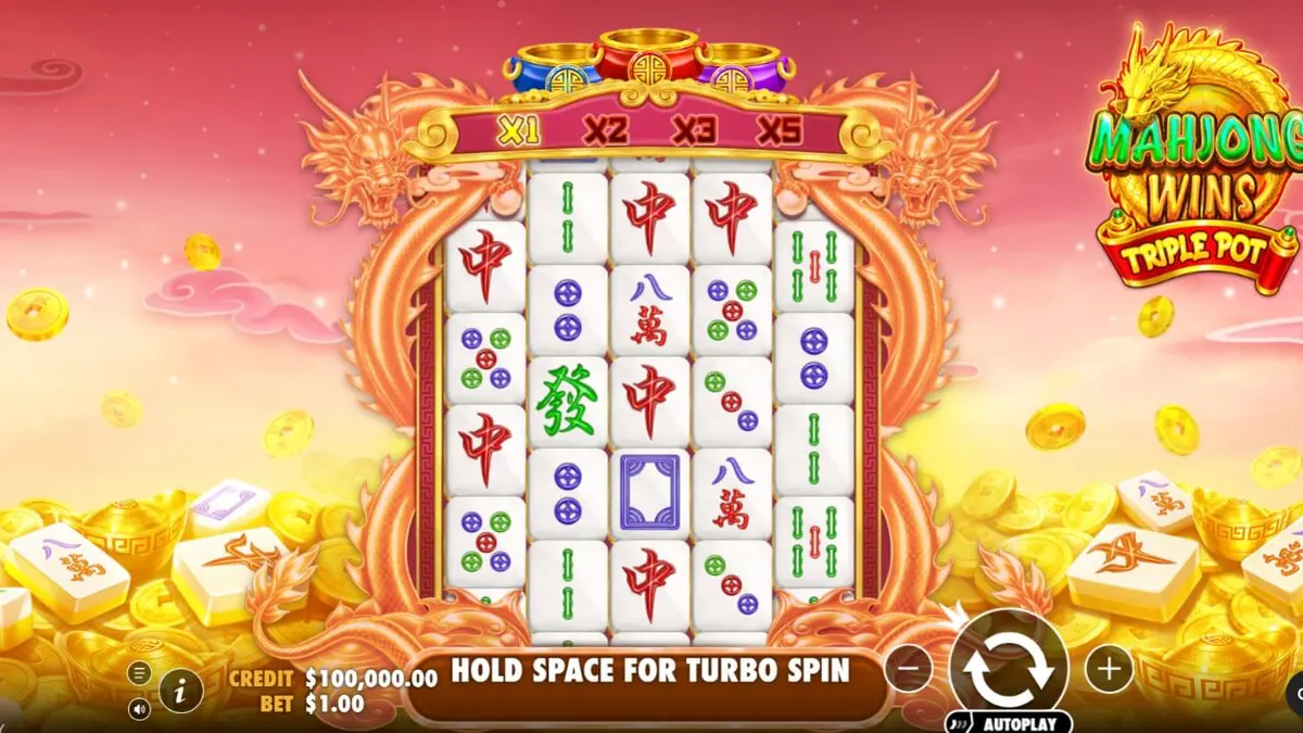 Tampilan visual slot Mahjong Wins Triple Pot dengan tema kastil dan ubin Mahjong